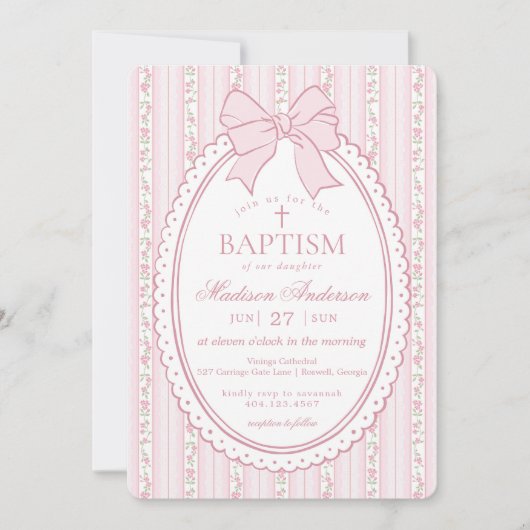 Pastel Pink Vintage Fancy Floral Baptism 招待状 (正面)