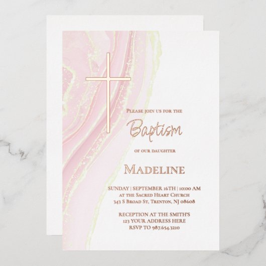 pastel pink watercolor Baptism 箔招待状 (正面/裏面)