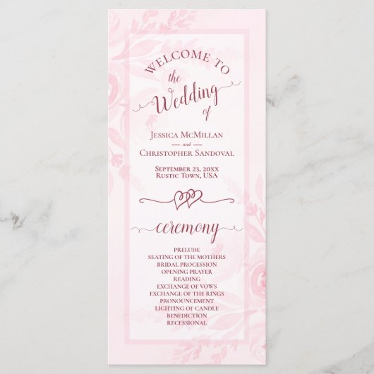 Pastel Pink Watercolor Peonies Elegant Wedding プログラム (正面)