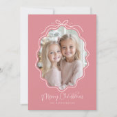 Pastel Pink Wavy Bow Frame Photo Christmas シーズンカード (正面)