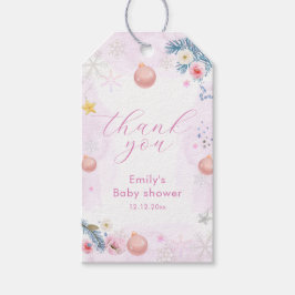 Pastel Pink Winter Snowflake Floral Baby Shower  ギフトタグ