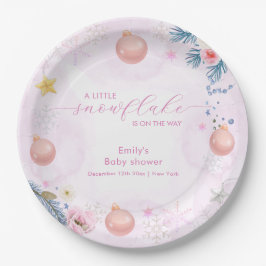 Pastel Pink Winter Snowflake Floral Baby Shower  ペーパープレート