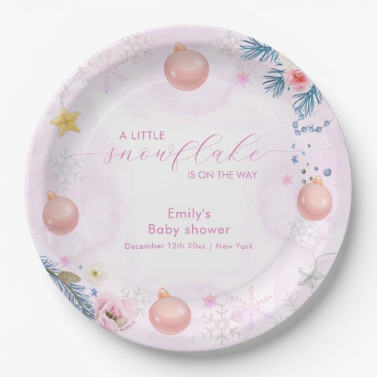 Pastel Pink Winter Snowflake Floral Baby Shower  ペーパープレート (正面)