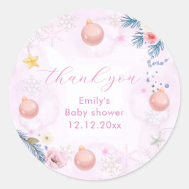Pastel Pink Winter Snowflake Floral Baby Shower  ラウンドシール