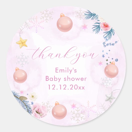 Pastel Pink Winter Snowflake Floral Baby Shower  ラウンドシール (正面)