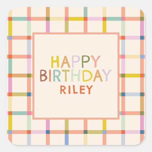 Pastel Plaid Personalized Birthday Cute party スクエアシール (正面)