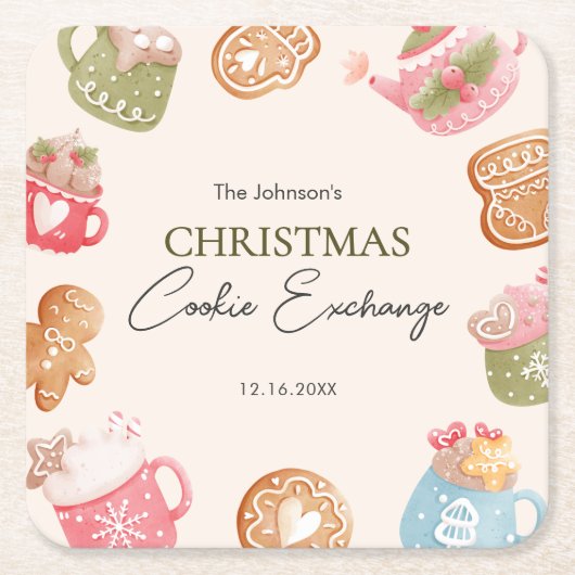 Pastel Playful Christmas Cookie Exchange Party スクエアペーパーコースター (正面)