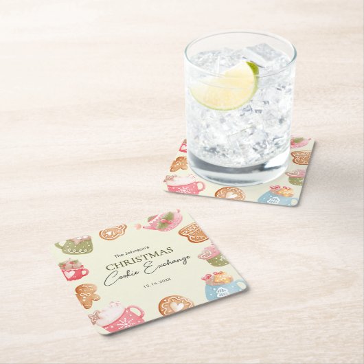 Pastel Playful Christmas Cookie Exchange Party スクエアペーパーコースター (インサイチュ)
