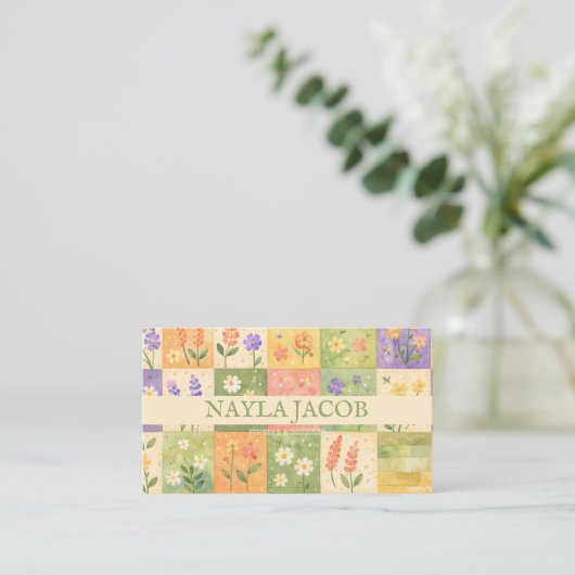 Pastel Pretty Girly Green Purple Quilt Patchwork  名刺 (スタンド正面)