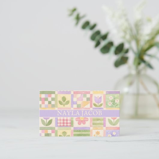 Pastel Pretty Girly Purple Green Quilt Patchwork 名刺 (スタンド正面)