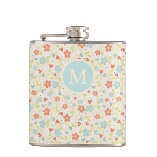 Pastel Pretty Spring Floral Pattern Monogram フラスク (正面)