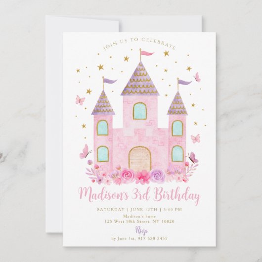 Pastel Princess Castle Butterfly Flower Birthday 招待状 (正面)