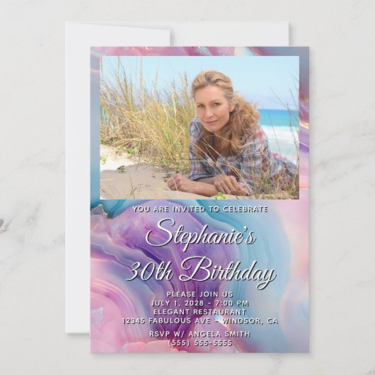 Pastel Purple Agate Photo Border 30th Birthday 招待状 (正面)