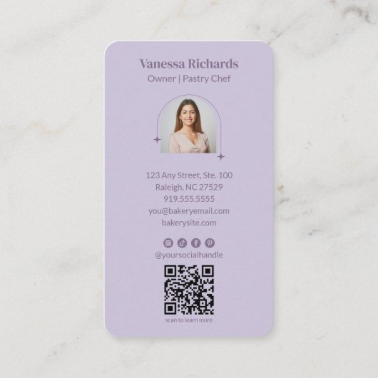 Pastel Purple Gingham Bakery Vertical QR Photo 名刺 (裏面)