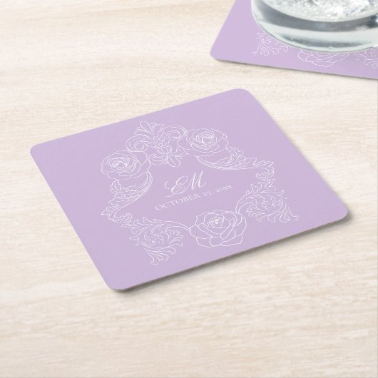 Pastel Purple Victorian Wedding Monogram Crest スクエアペーパーコースター (アングル)