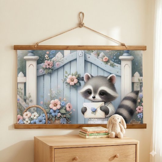Pastel Raccoon Letter Garden 吊り下げ型タペストリー