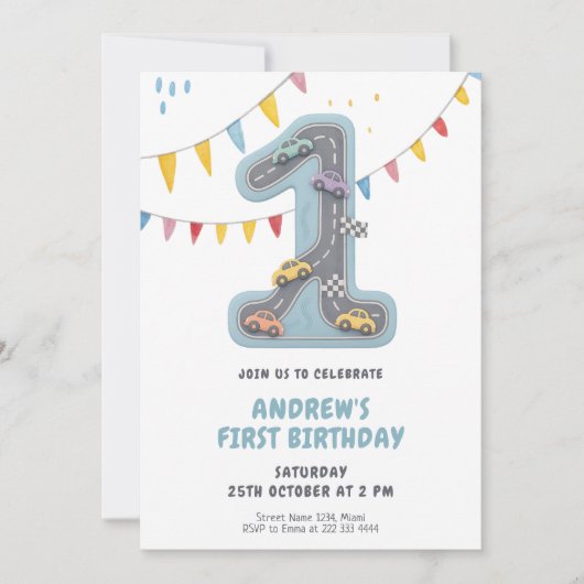 Pastel Race Track First Birthday 招待状 (正面)
