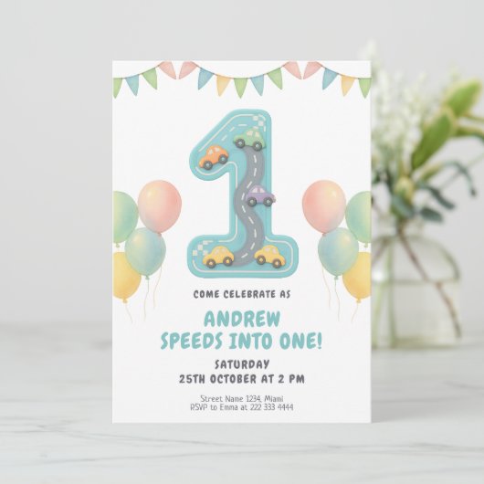 Pastel Racing First Birthday Party 招待状 (スタンド正面)