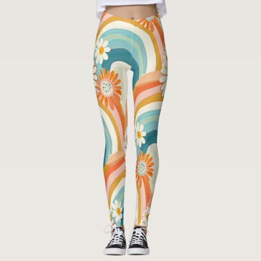 pastel rainbow and floral yoga gym Leggings レギンス (正面)