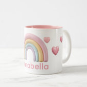 Pastel Rainbow and Hearts with Pink Custom Name ツートーンマグカップ (正面右)