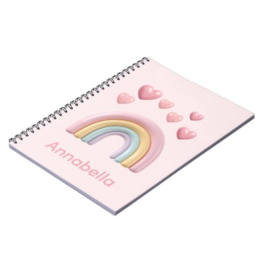 Pastel Rainbow and Hearts with Pink Custom Name ノートブック (左側)