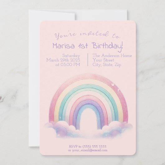 Pastel Rainbow Birthday Invitation - Party Invite 招待状 (正面)