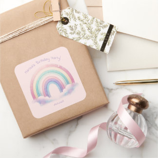 Pastel Rainbow Birthday Party Square Stickers スクエアシール
