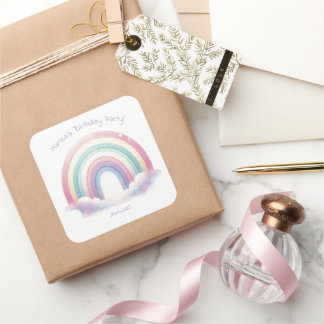 Pastel Rainbow Birthday Party Square Stickers スクエアシール
