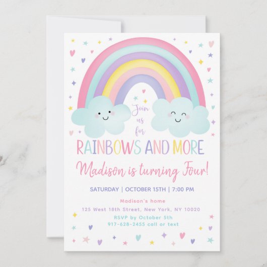 Pastel Rainbow Cloud Girl Fourth Birthday 招待状 (正面)