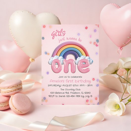 Pastel Rainbow First Birthday Invitation for Girl 招待状
