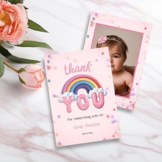 Pastel Rainbow First Birthday Thank You Photo Card サンキューカード