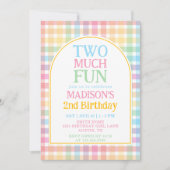 Pastel Rainbow Gingham Two Much Fun 2nd Birthday 招待状 (正面)