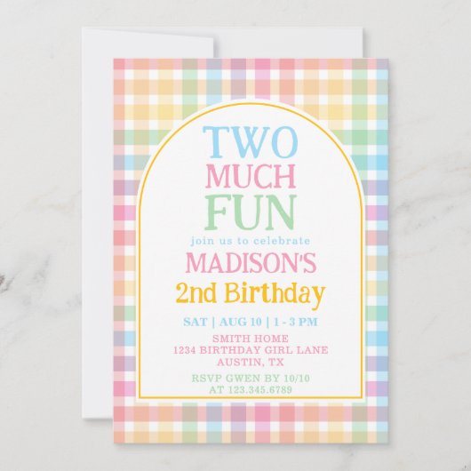 Pastel Rainbow Gingham Two Much Fun 2nd Birthday 招待状 (正面)