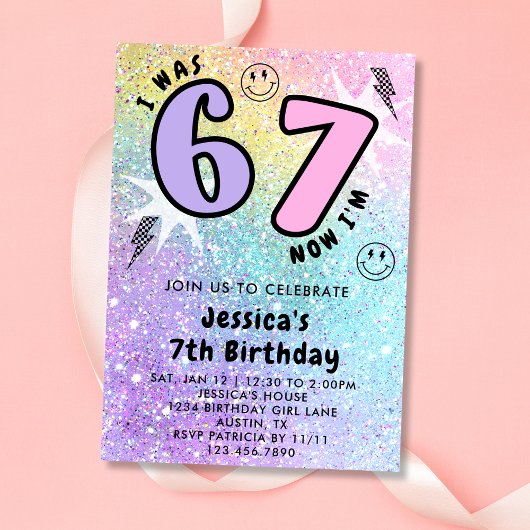 Pastel Rainbow Glitter 6 7 Girl Birthday Party  招待状