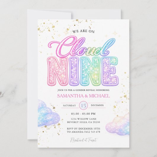 Pastel Rainbow Glitter Lettering Gender Reveal  招待状 (正面)