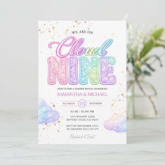 Pastel Rainbow Glitter Lettering Gender Reveal  招待状 (スタンド正面)