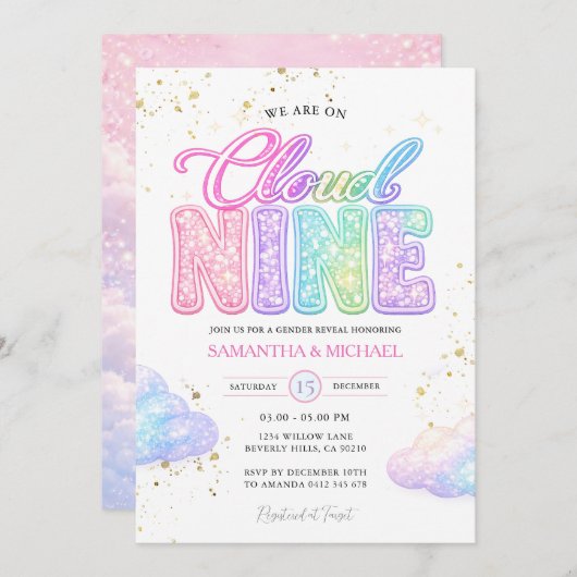 Pastel Rainbow Glitter Lettering Gender Reveal  招待状 (正面/裏面)