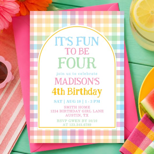 Pastel Rainbow It's Fun To Be Four 4th Birthday 招待状