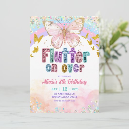 Pastel Rainbow Magical Butterfly Birthday 招待状 (スタンド正面)
