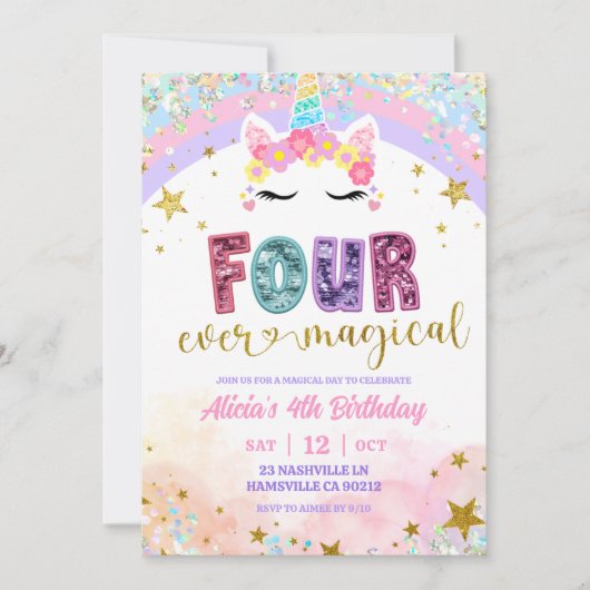 Pastel Rainbow Magical Unicorn 4th Birthday 招待状 (正面)