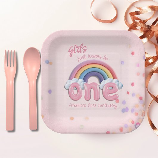 Pastel Rainbow One First Birthday Party ペーパープレート