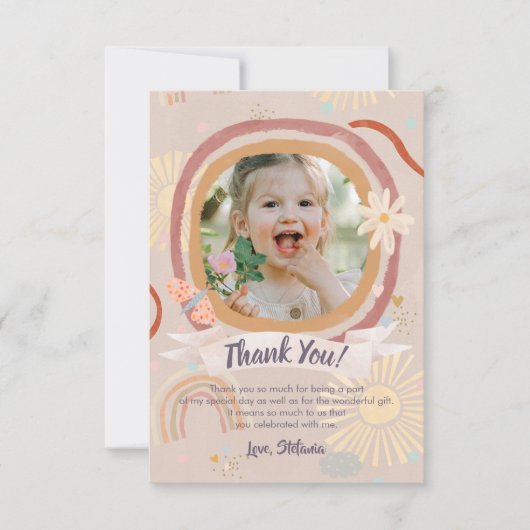 Pastel Rainbow Pink Birthday Photo Thank You Card サンキューカード (正面)