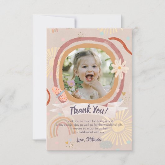Pastel Rainbow Pink Birthday Photo Thank You Card サンキューカード (正面)