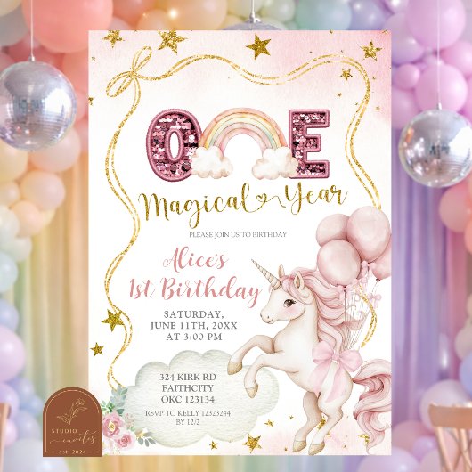Pastel Rainbow Sequin Glitter Unicorn One Magical  招待状