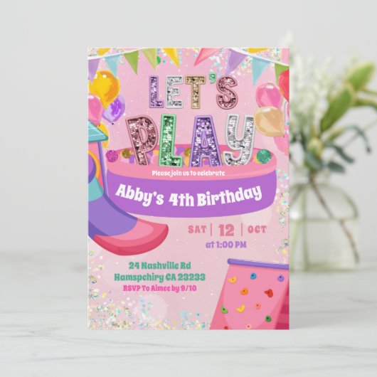  Pastel Rainbow Sequin  Indoor Playground Birthday 招待状 (スタンド正面)