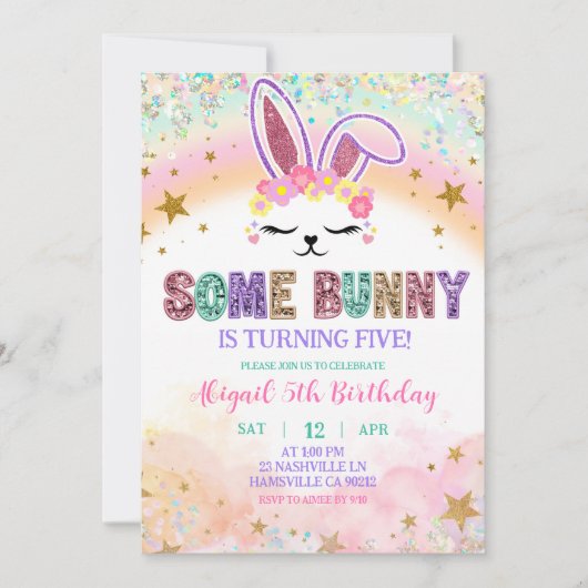 Pastel Rainbow Sequins Bunny Invitation 招待状 (正面)