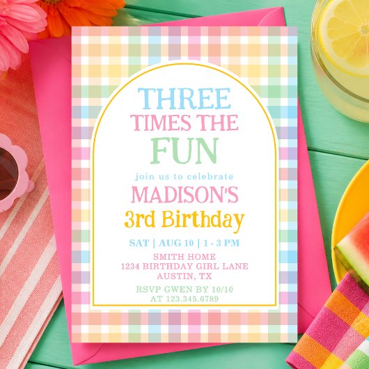 Pastel Rainbow Three Times The Fun 3rd Birthday 招待状