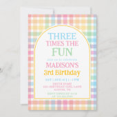 Pastel Rainbow Three Times The Fun 3rd Birthday 招待状 (正面)