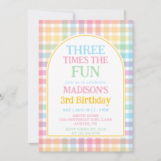 Pastel Rainbow Three Times The Fun 3rd Birthday 招待状 (正面)