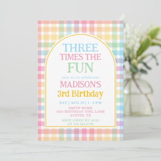 Pastel Rainbow Three Times The Fun 3rd Birthday 招待状 (スタンド正面)